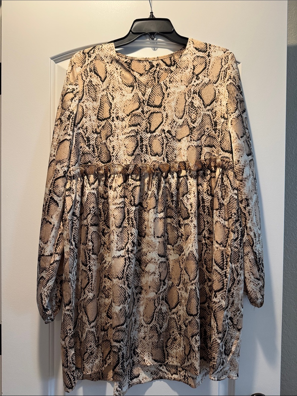 Snake Print Long Sleeve Babydoll Dress - Brown